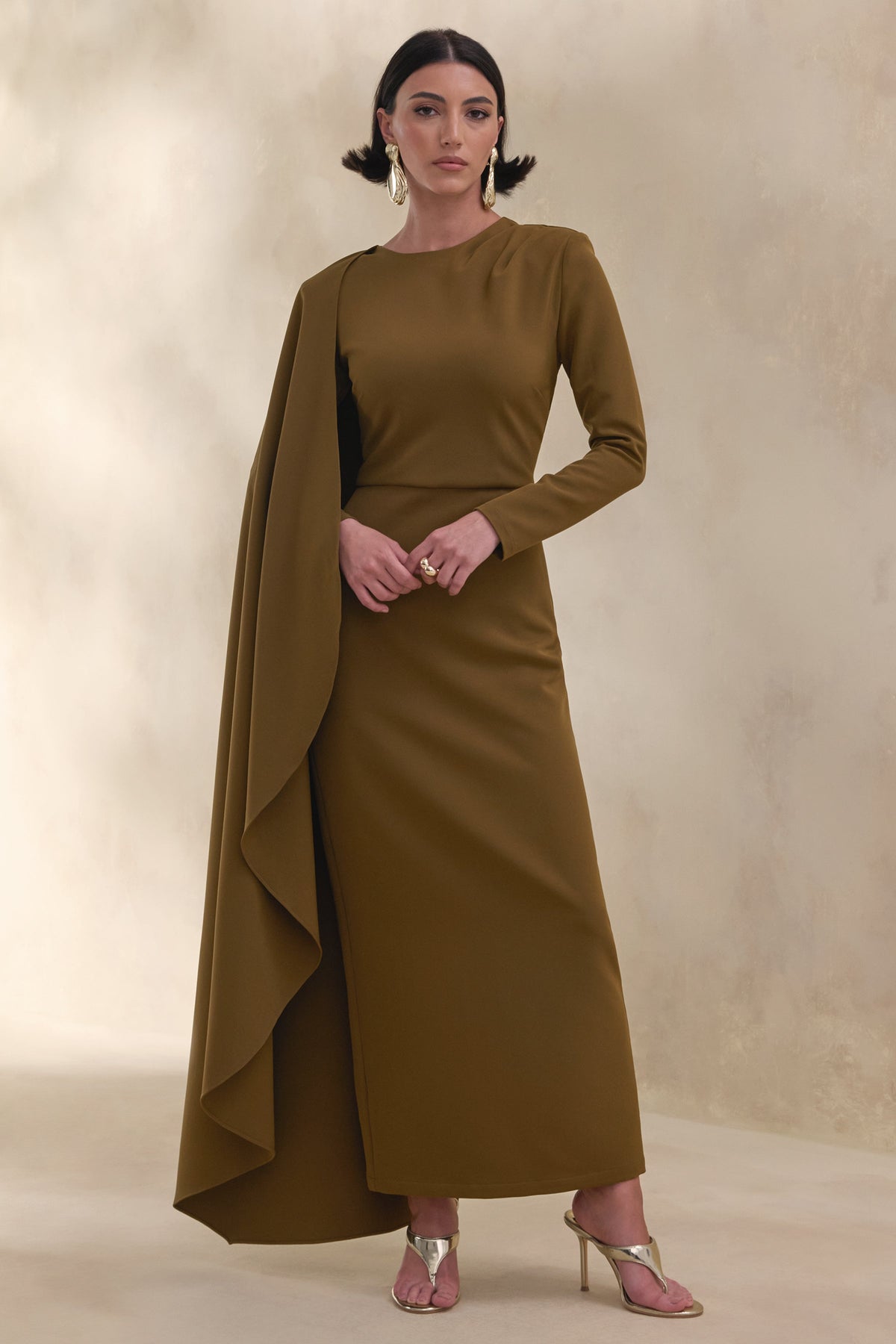Jovea | Olive Round-Neck Maxi Dress With Cape-Sleeve