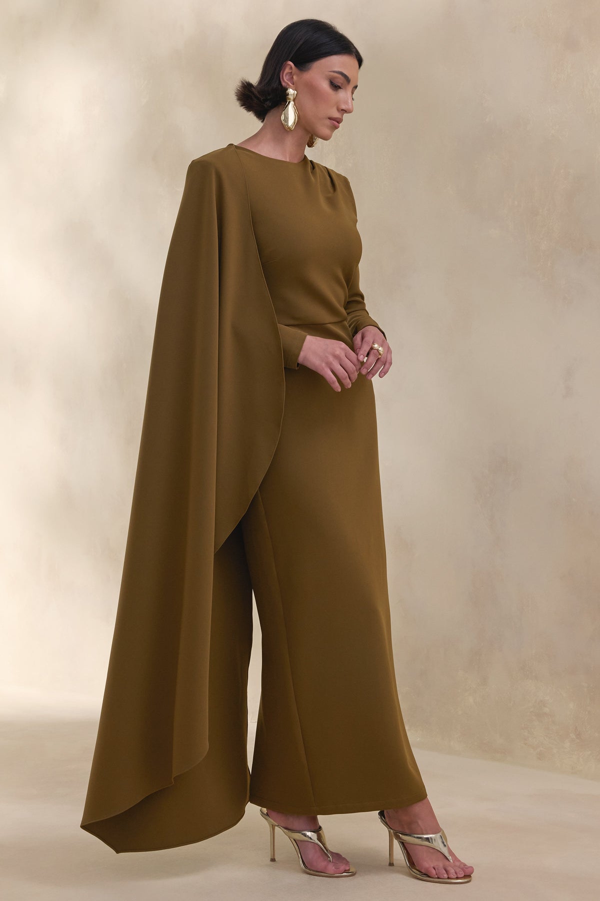 Jovea | Olive Round-Neck Maxi Dress With Cape-Sleeve