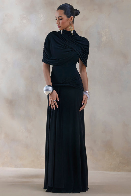 Evelisse | Black Jersey Ruched High Neck Short Sleeve Maxi Dress With Draped Detailing And Twist Sash