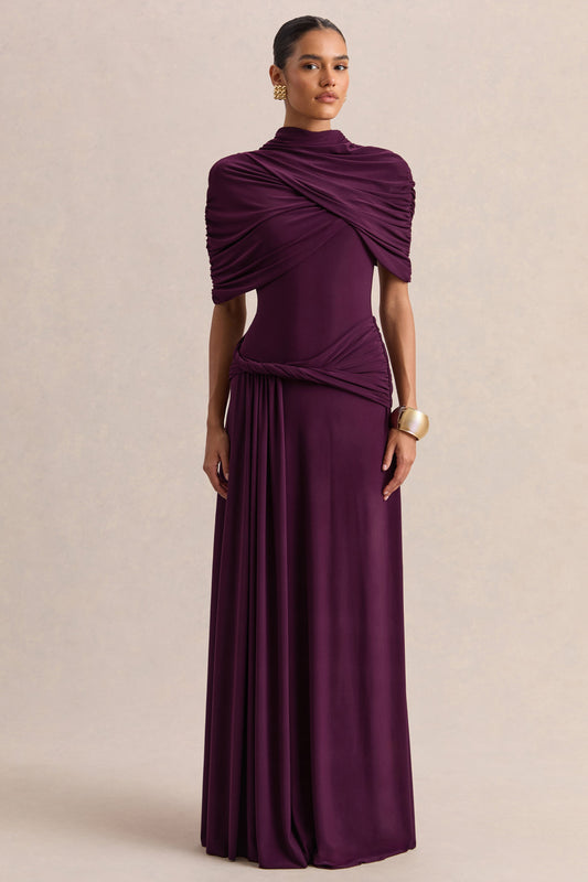 Evelisse | Plum Jersey Ruched High Neck Short Sleeve Maxi Dress With Draped Detailing And Twist Sash