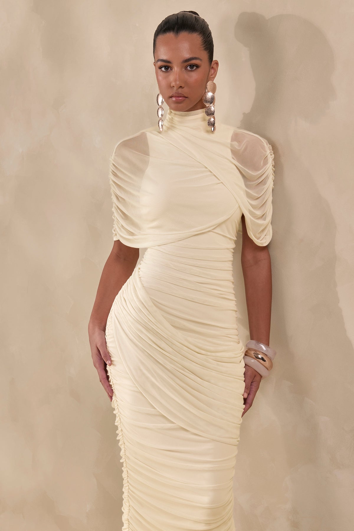 Fleurise | Cream Mesh High-Neck Midi Dress With Short Cape-Sleeves And Gathered-Detailing
