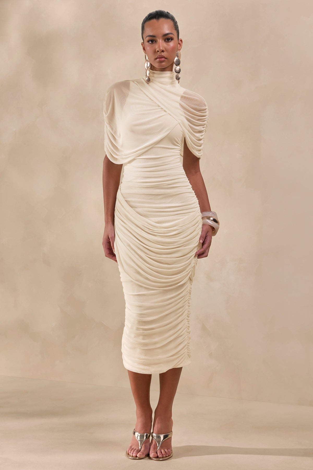 Fleurise | Cream Mesh High-Neck Midi Dress With Short Cape-Sleeves And Gathered-Detailing