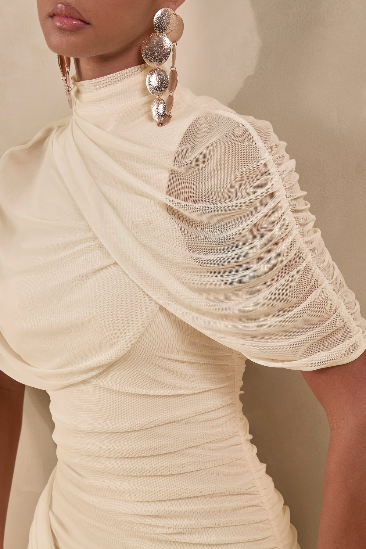 Fleurise | Cream Mesh High-Neck Midi Dress With Short Cape-Sleeves And Gathered-Detailing