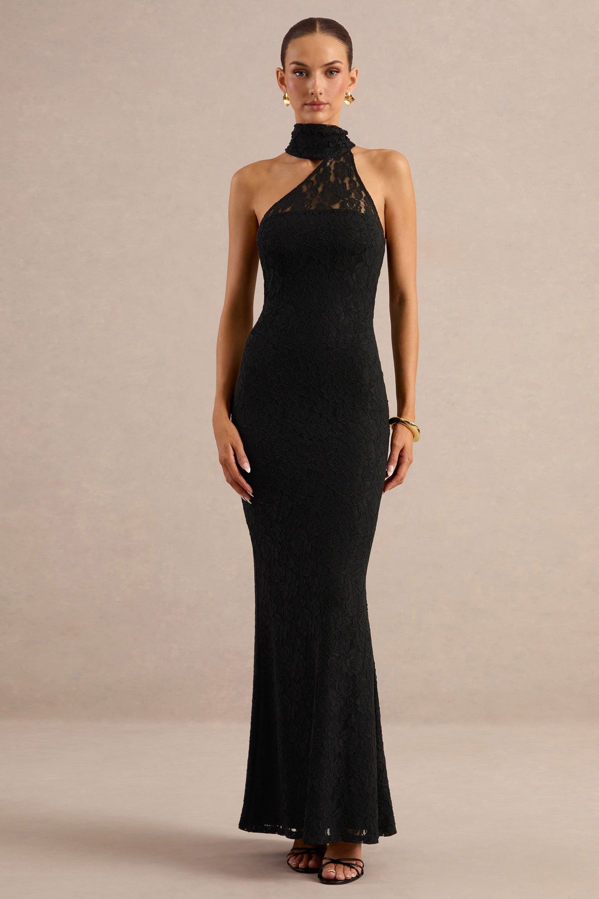 Almaria | Black Lace Asymmetric-Neck Maxi Dress With Collar-Detail