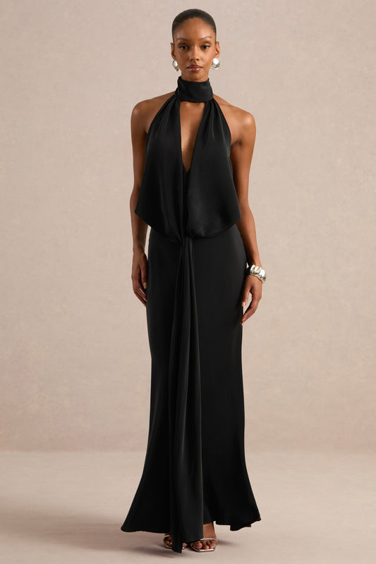 Canella | Black Satin Halter-Neck Maxi Dress With Sash-Detail