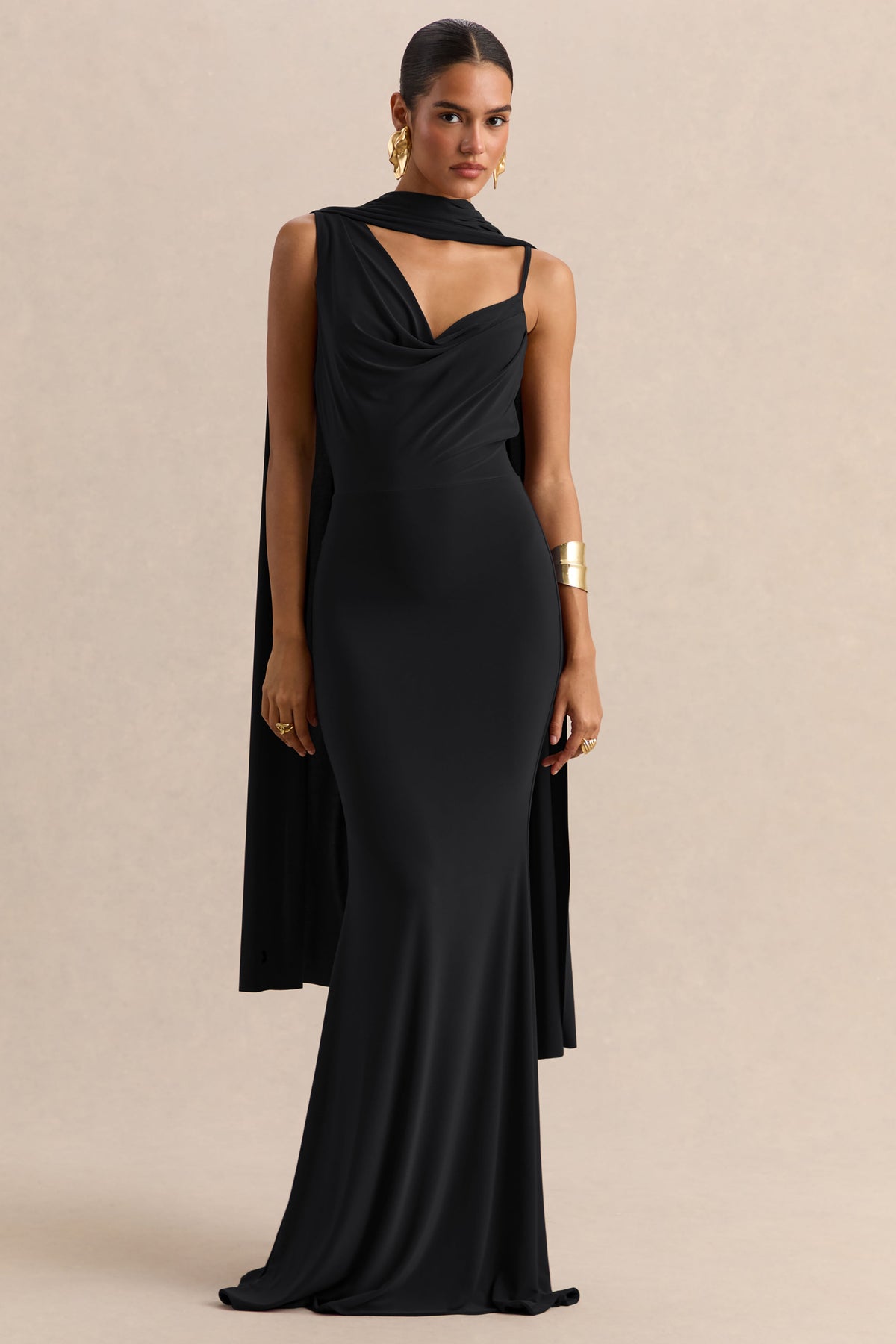Armelia | Black Jersey Cowl Maxi Dress With Scarf Detail