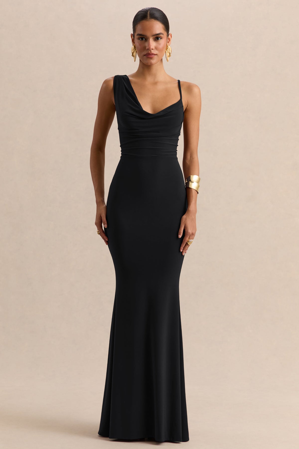 Armelia | Black Jersey Cowl Maxi Dress With Scarf Detail