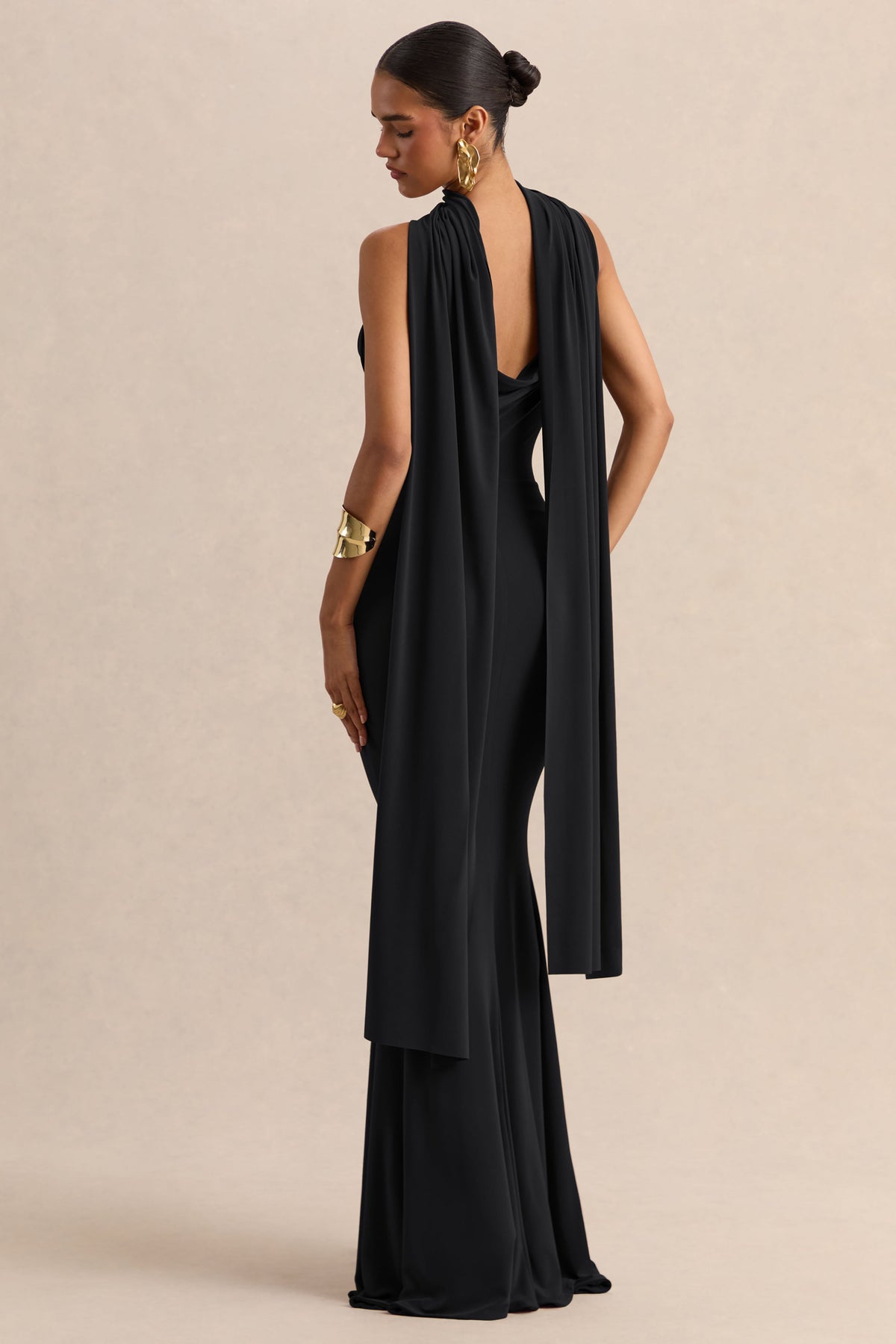 Armelia | Black Jersey Cowl Maxi Dress With Scarf Detail