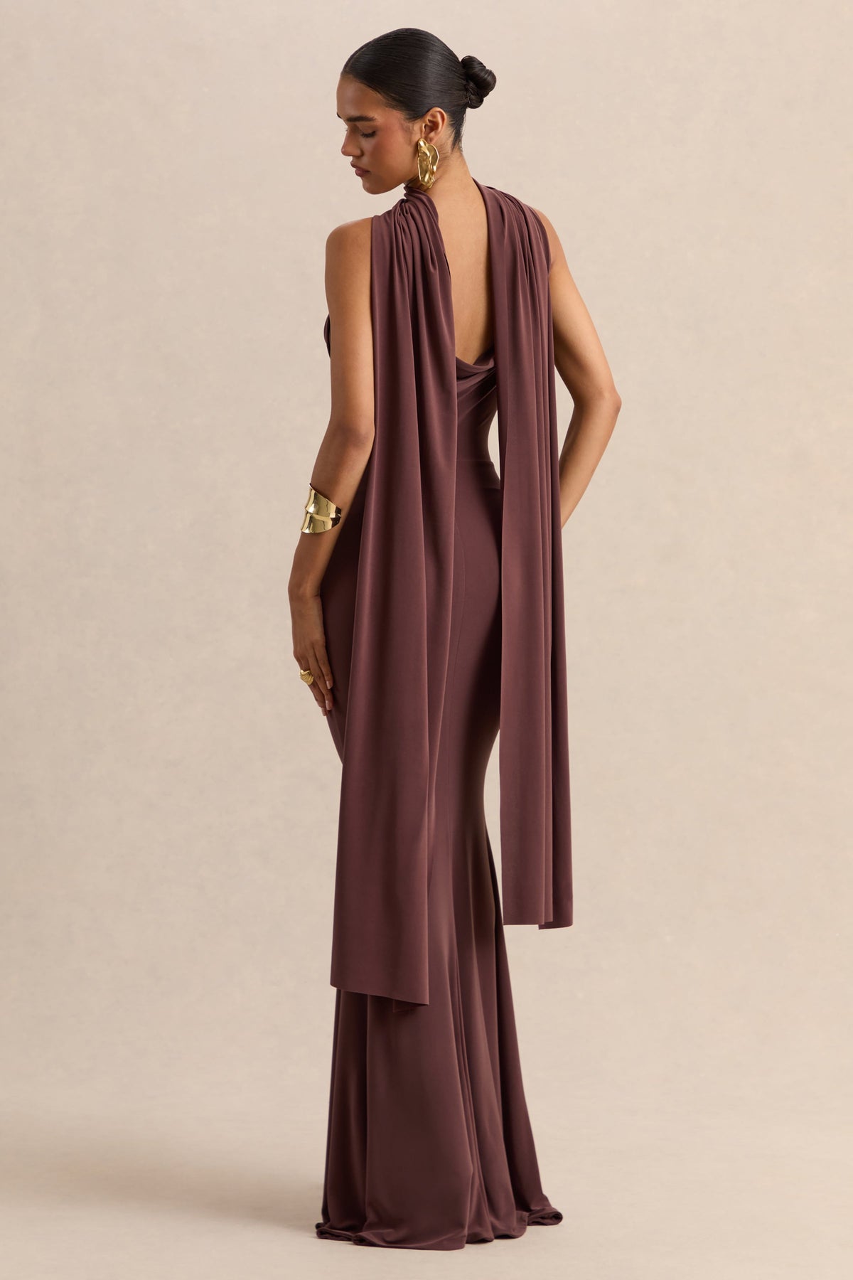 Armelia | Brown Jersey Cowl Maxi Dress With Scarf Detail