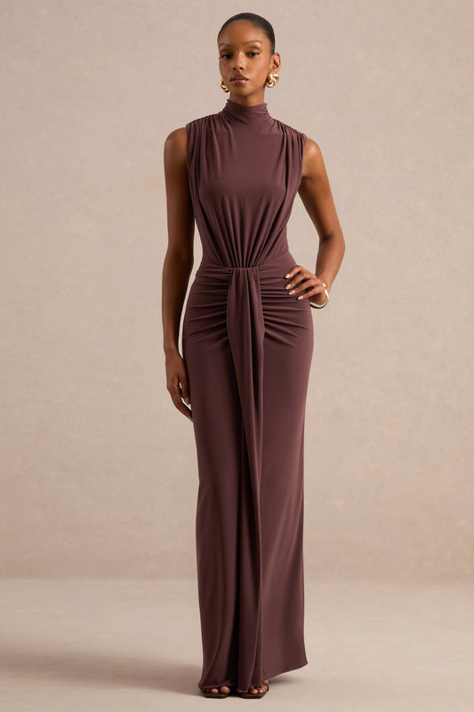 Isona | Dark Brown Jersey High Neck Maxi Dress With Gathered Detailing And Sash