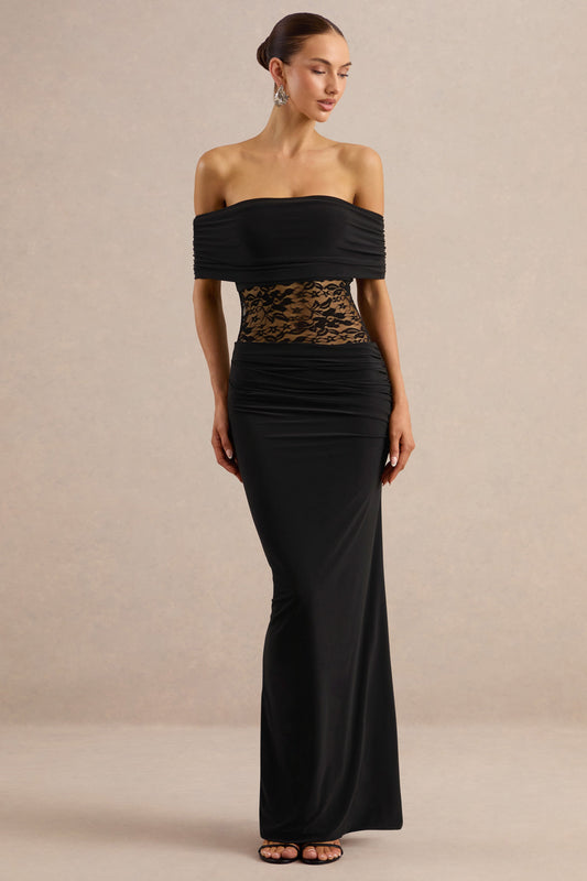 Forsya | Black Bardot-Neck Maxi Dress With Lace-Detailing