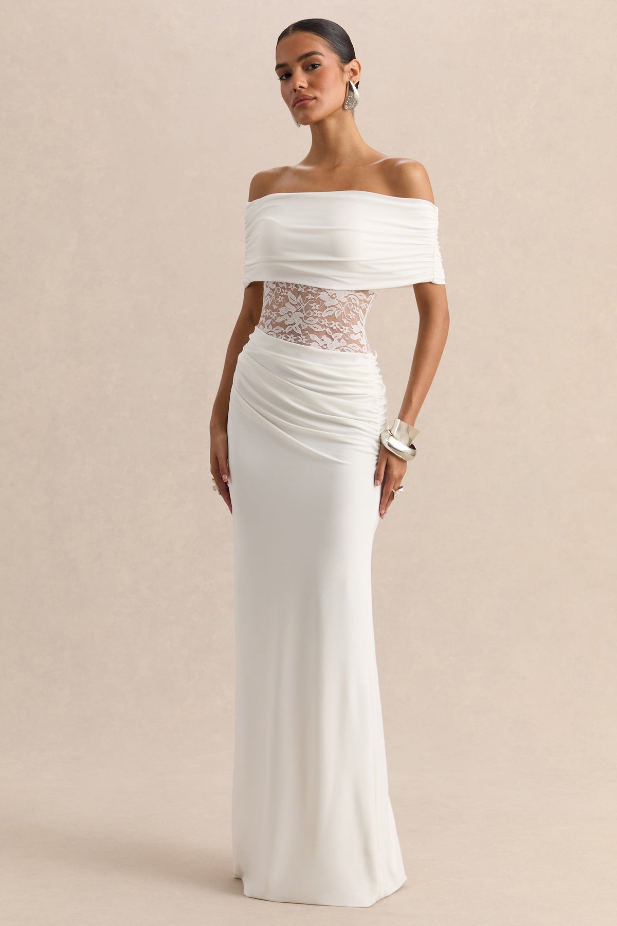 Forsya | White Bardot-Neck Maxi Dress With Lace-Detailing