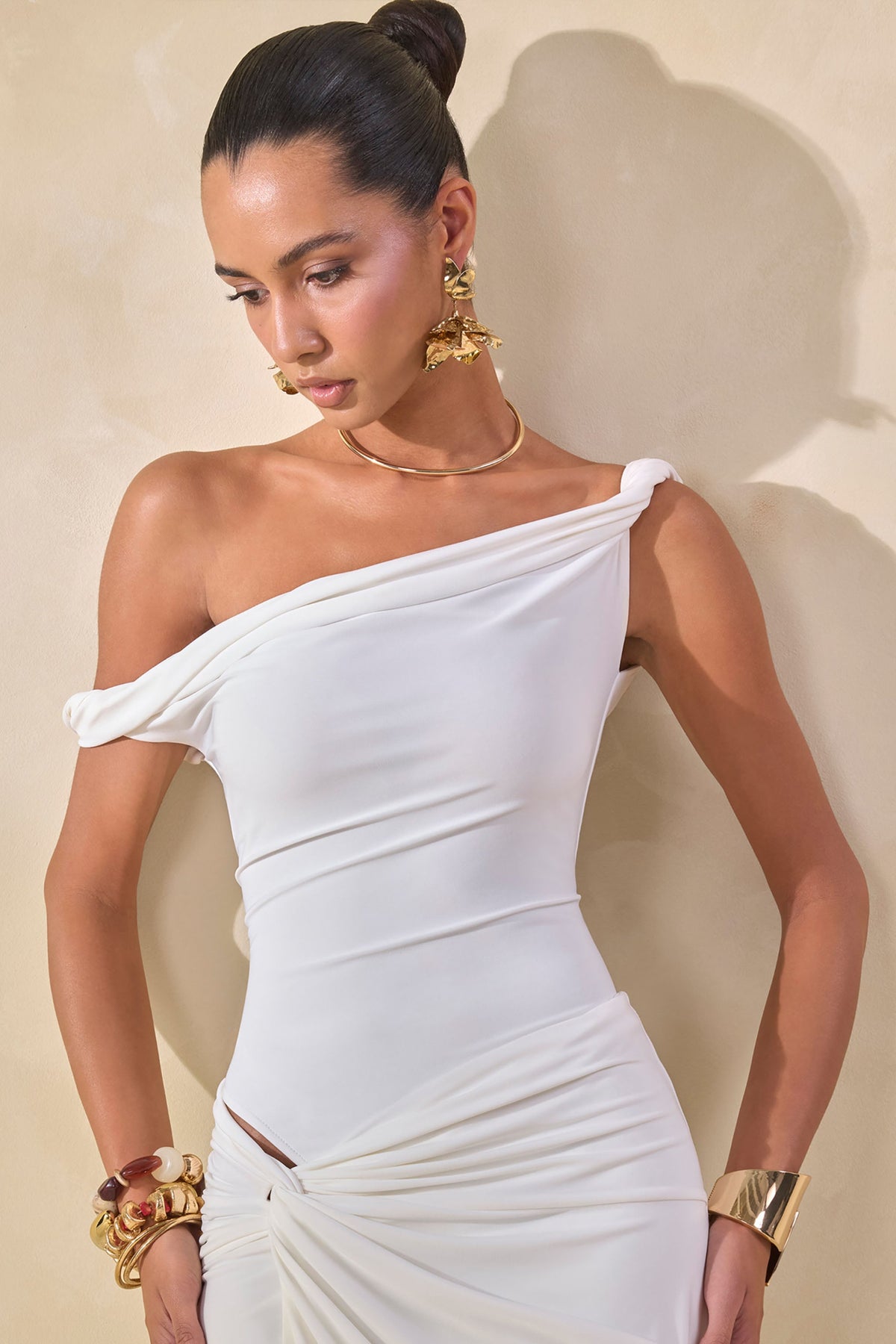 Kesia | White Twisted Asymmetric Thong Bodysuit