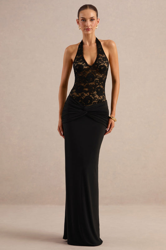 Florine | Black Jersey Twisted Mid Rise Maxi Skirt With Gathered Detailing