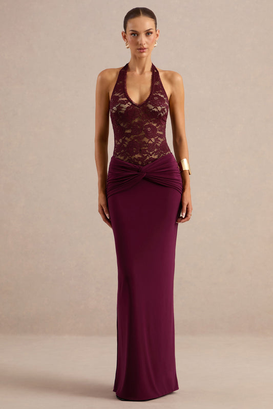 Florine | Burgundy Jersey Twisted Mid Rise Maxi Skirt With Gathered Detailing