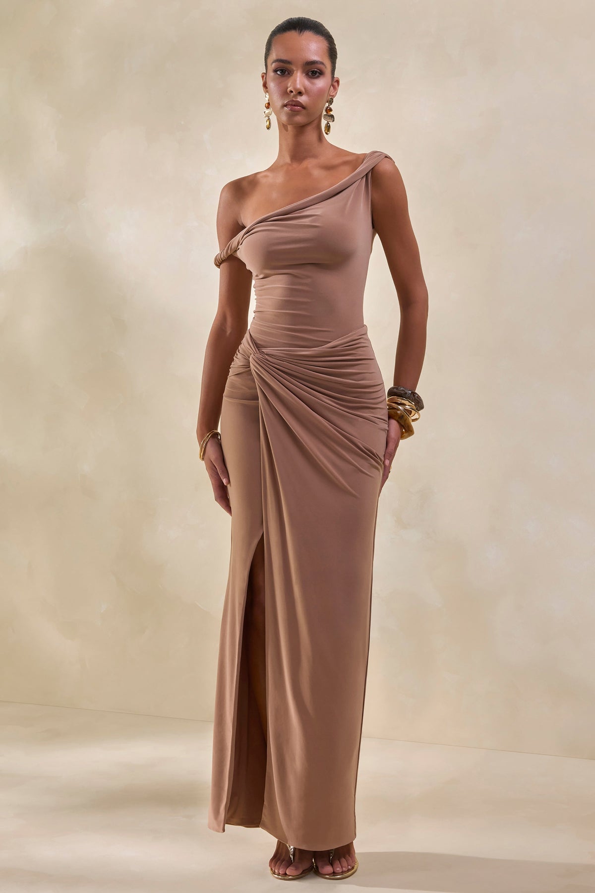 Idris | Brown Twisted Waist Maxi Skirt With Front Split