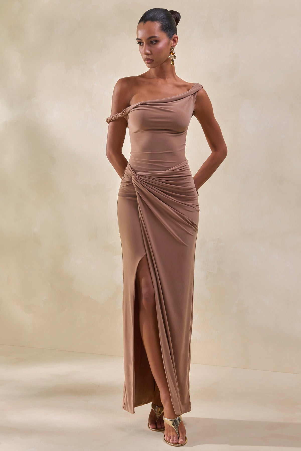 Idris | Brown Twisted Waist Maxi Skirt With Front Split