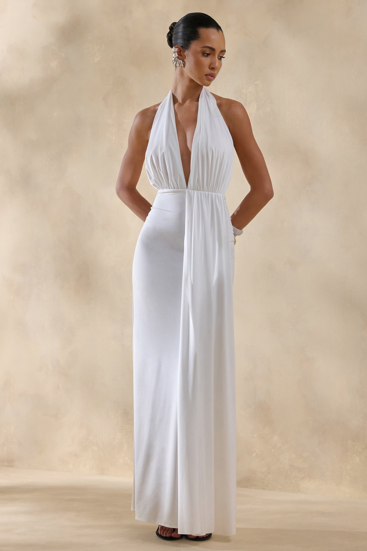 Doria | White Plunge-Neck Maxi Dress