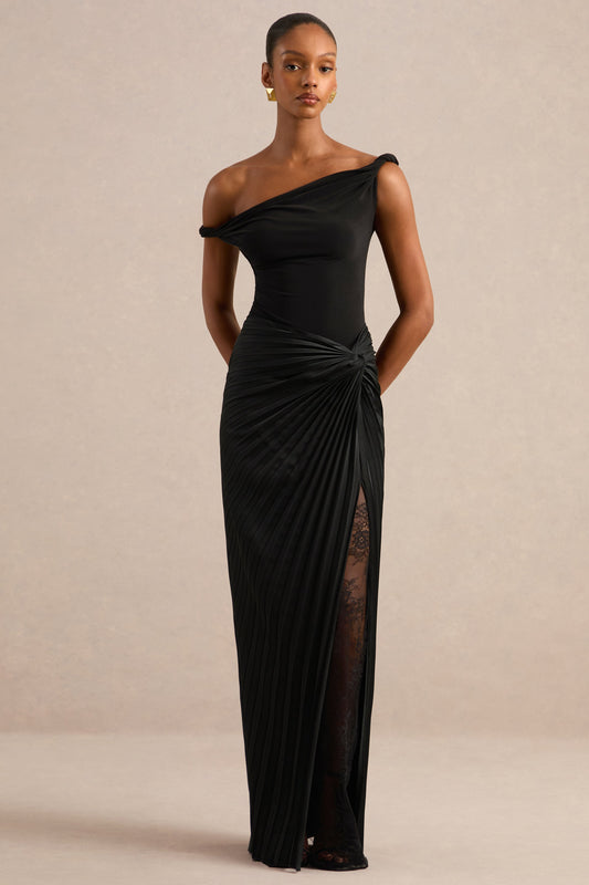 Lassia | Black Satin Mid Rise Pleated Maxi Skirt With Lace Detailing And Split