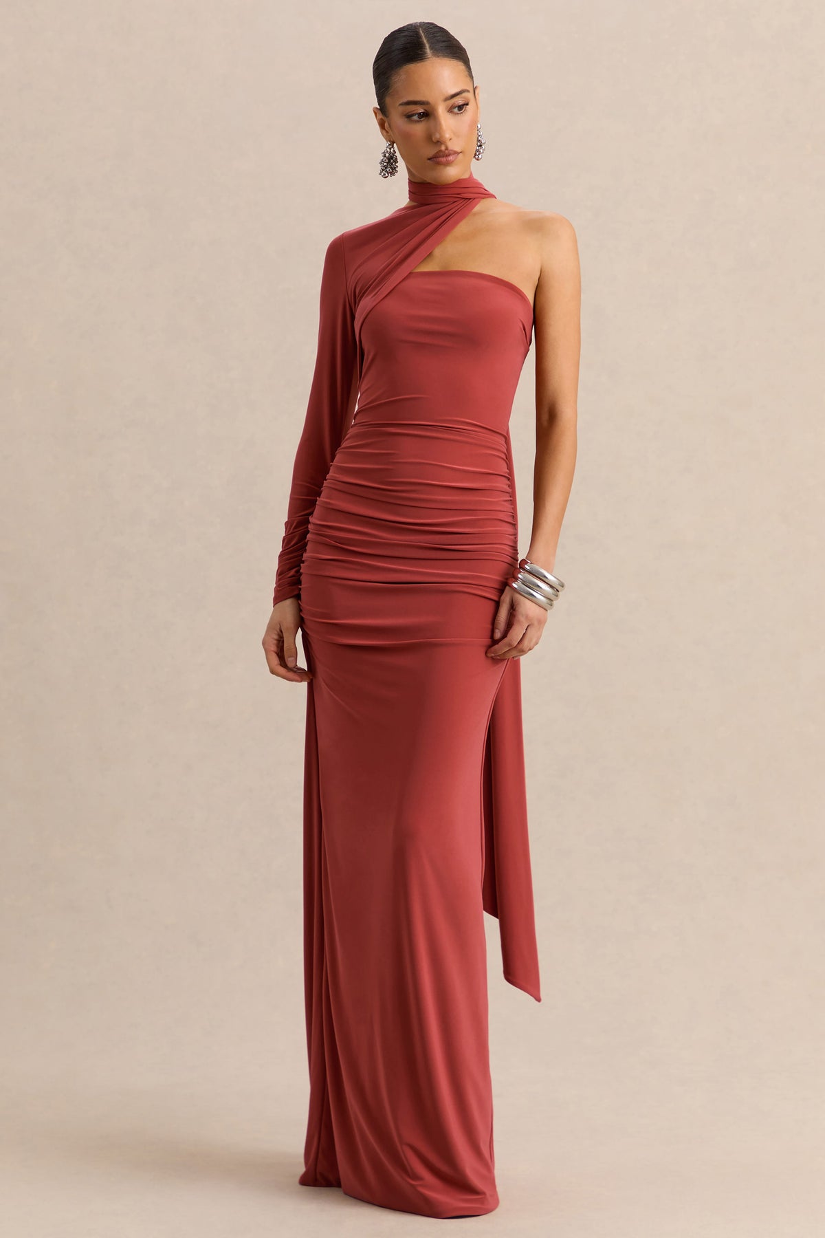 Cerisia | Rust Jersey One Sleeve Maxi Dress With Ruching and Sash