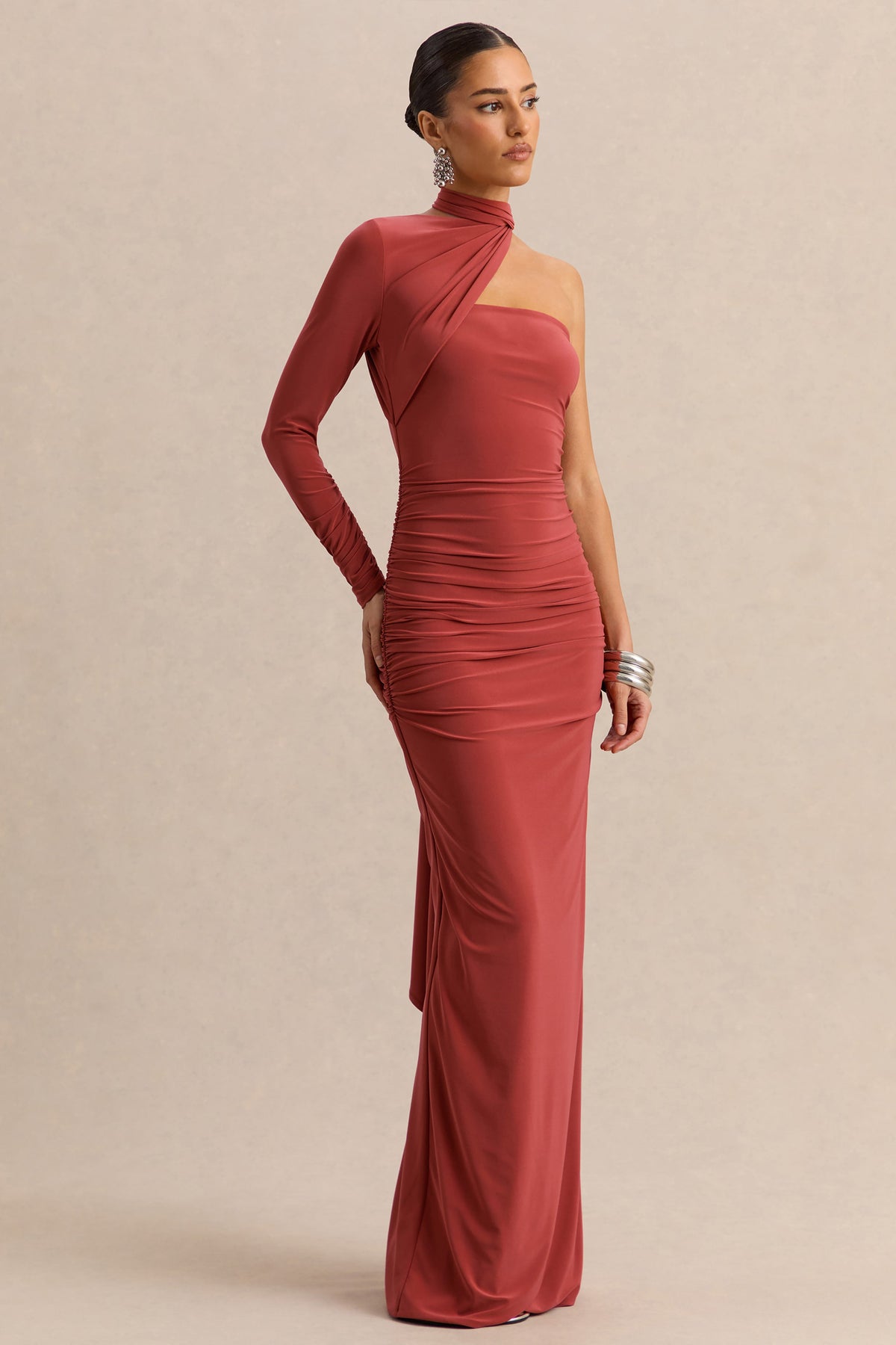 Cerisia | Rust Jersey One Sleeve Maxi Dress With Ruching and Sash