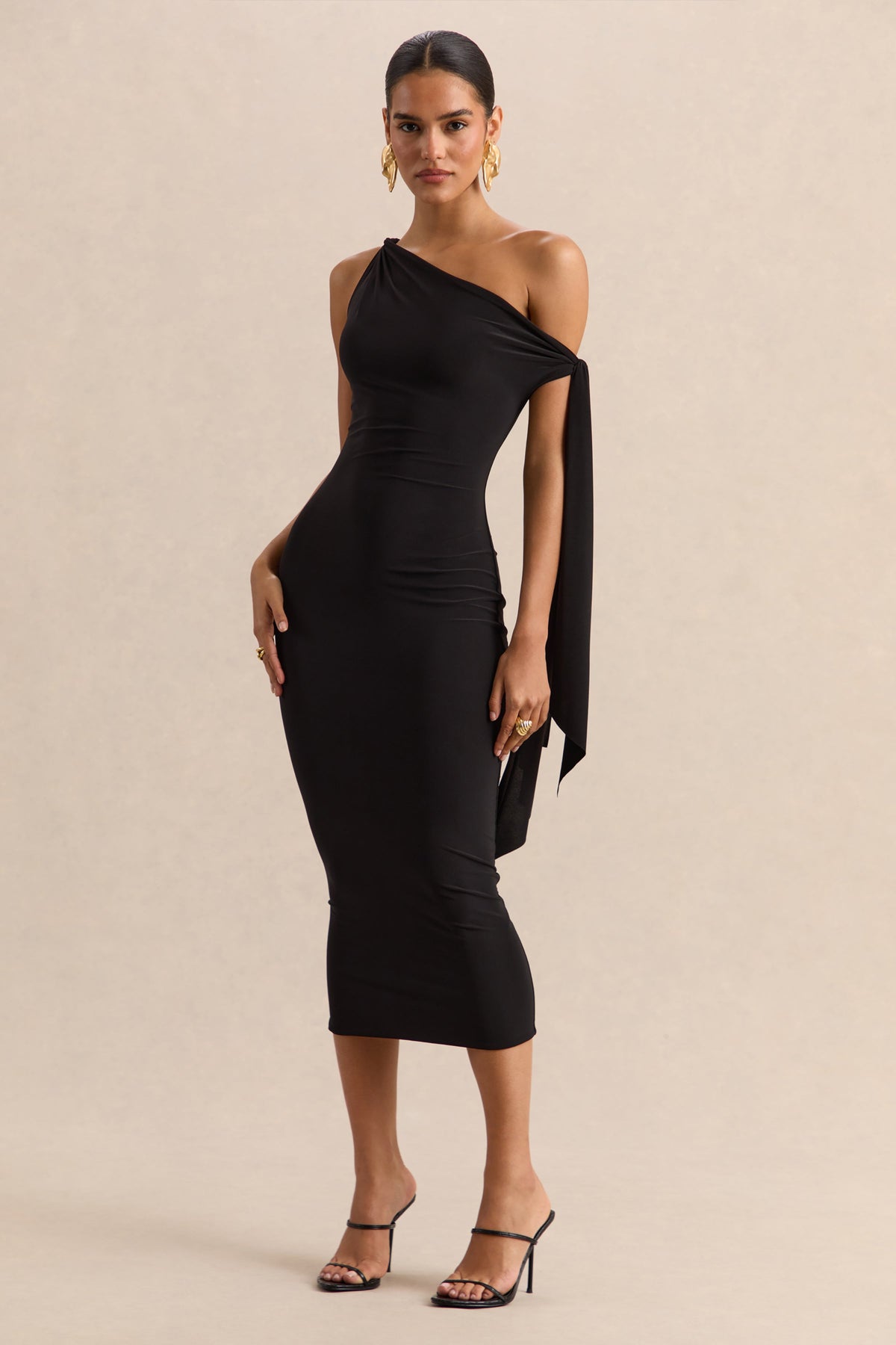 Arcelia | Black Jersey One Shoulder Midi Dress With Twist And Knot Sash Detailing