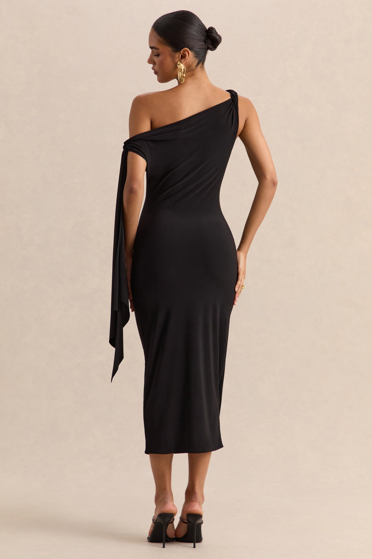 Arcelia | Black Jersey One Shoulder Midi Dress With Twist And Knot Sash Detailing