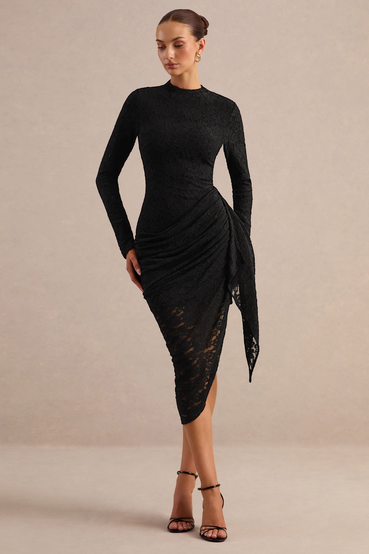 Laureline | Black Lace Round Neck Long Sleeve Midi Dress With Draped Skirt