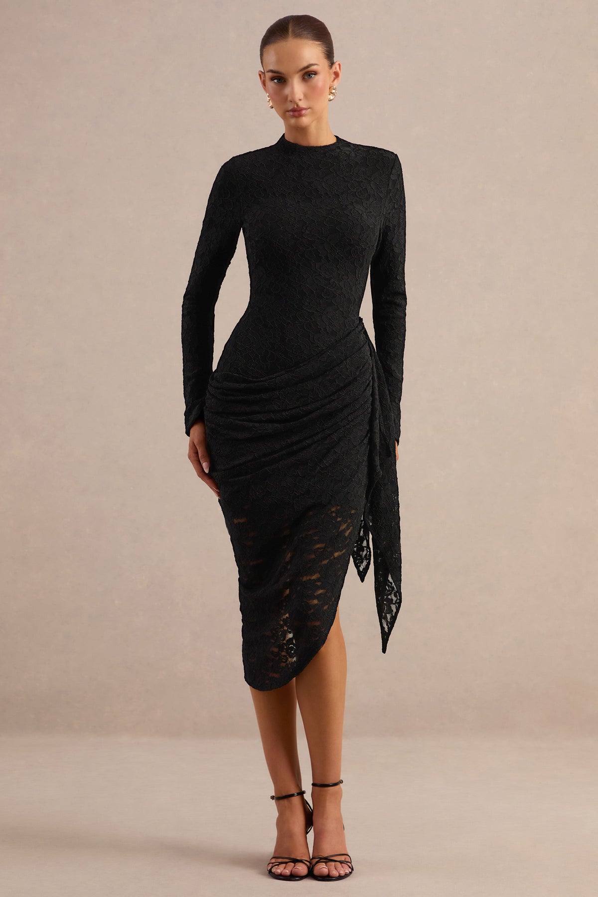 Laureline | Black Lace Round Neck Long Sleeve Midi Dress With Draped Skirt