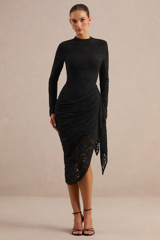 Laureline | Black Lace Round Neck Long Sleeve Midi Dress With Draped Skirt