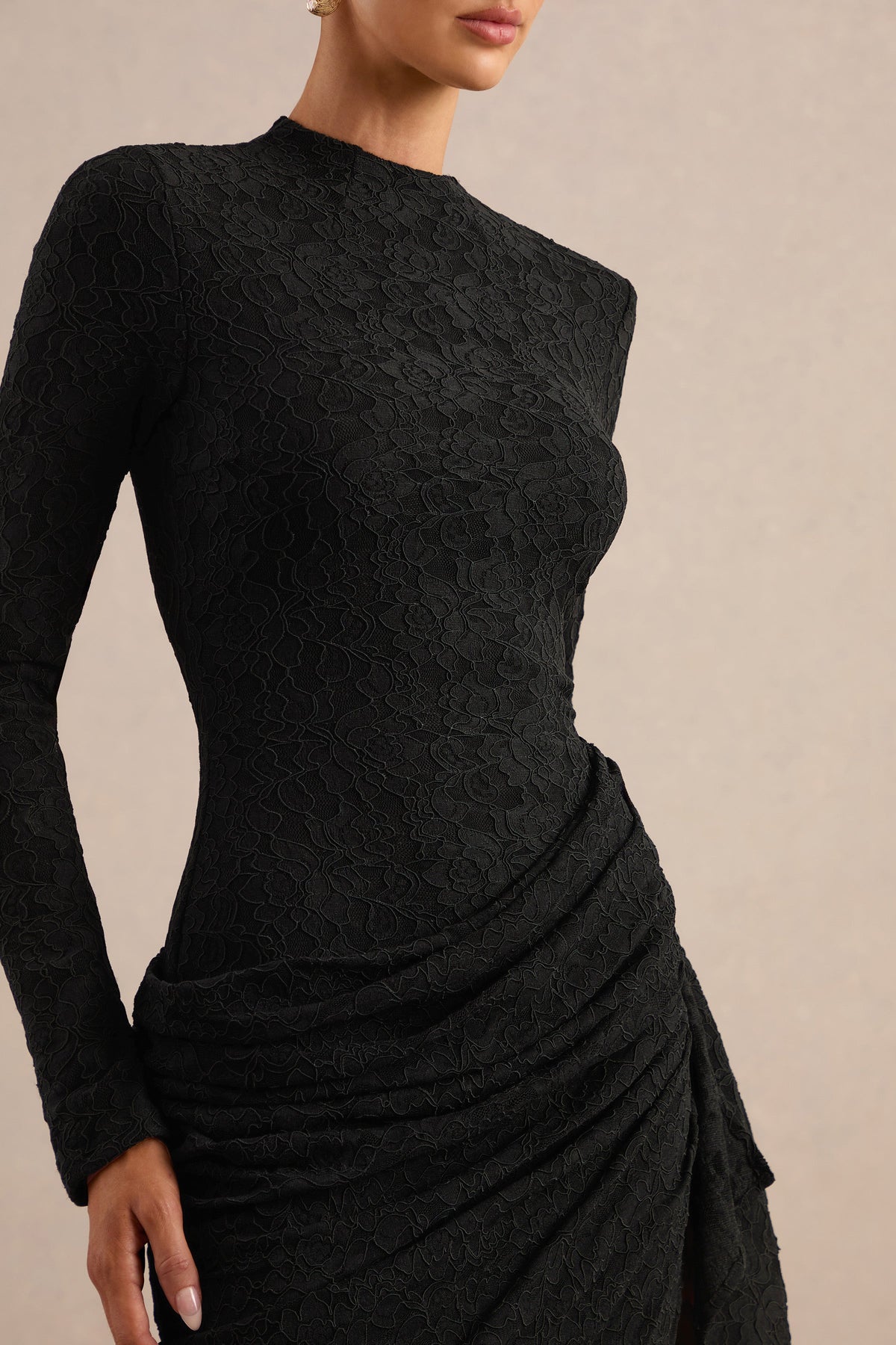 Laureline | Black Lace Round Neck Long Sleeve Midi Dress With Draped Skirt