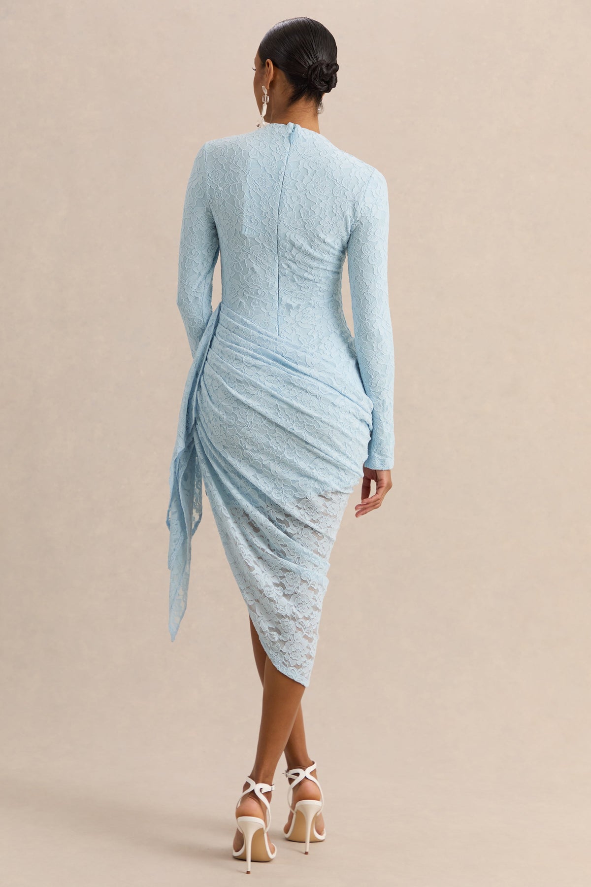 Laureline | Powder Blue Lace Round Neck Long Sleeve Midi Dress With Draped Skirt