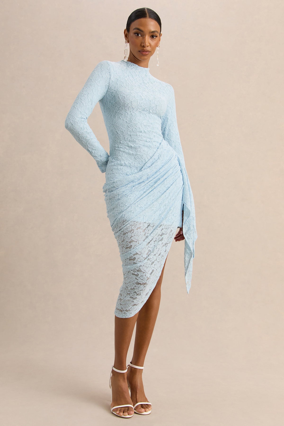 Laureline | Powder Blue Lace Round Neck Long Sleeve Midi Dress With Draped Skirt