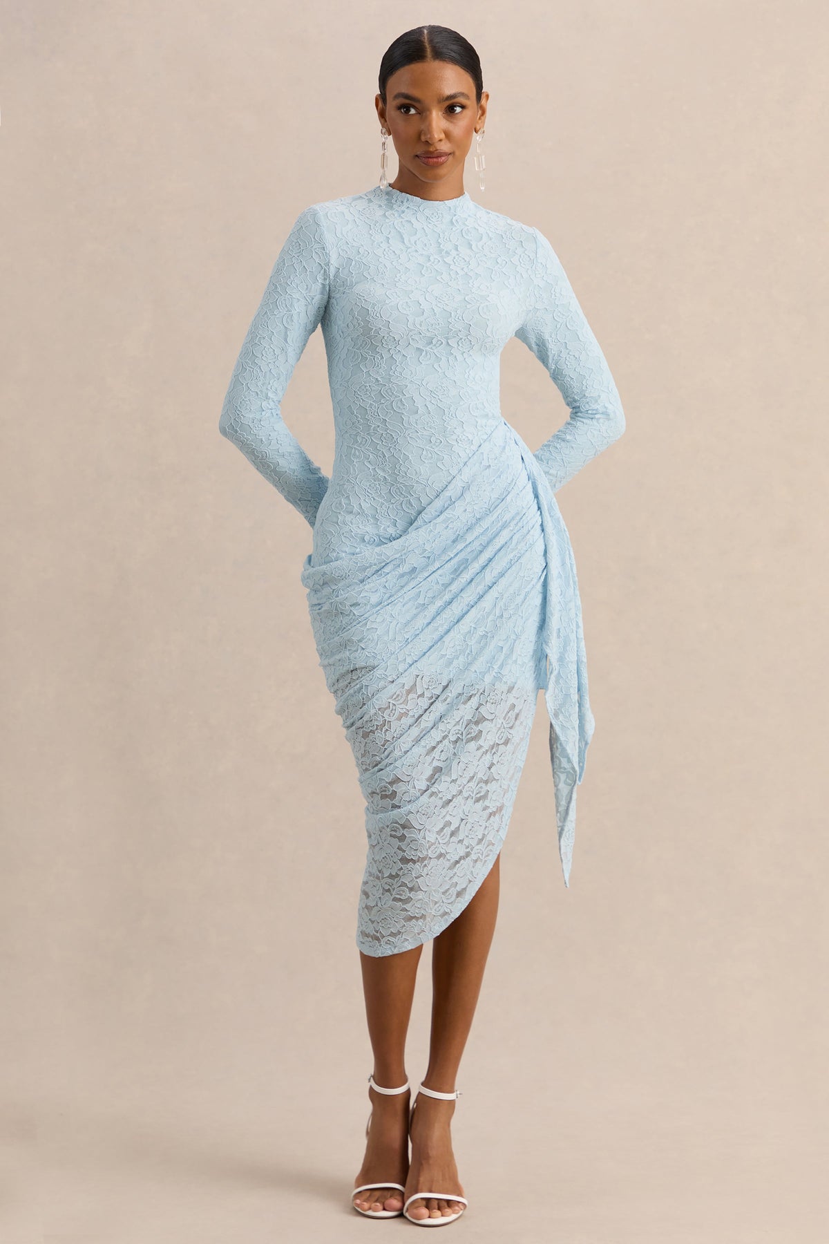 Laureline | Powder Blue Lace Round Neck Long Sleeve Midi Dress With Draped Skirt