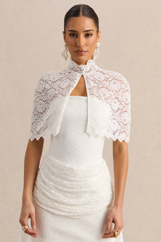 Caliro | White Lace High Neck Short Sleeve Cape With Sheer Detail