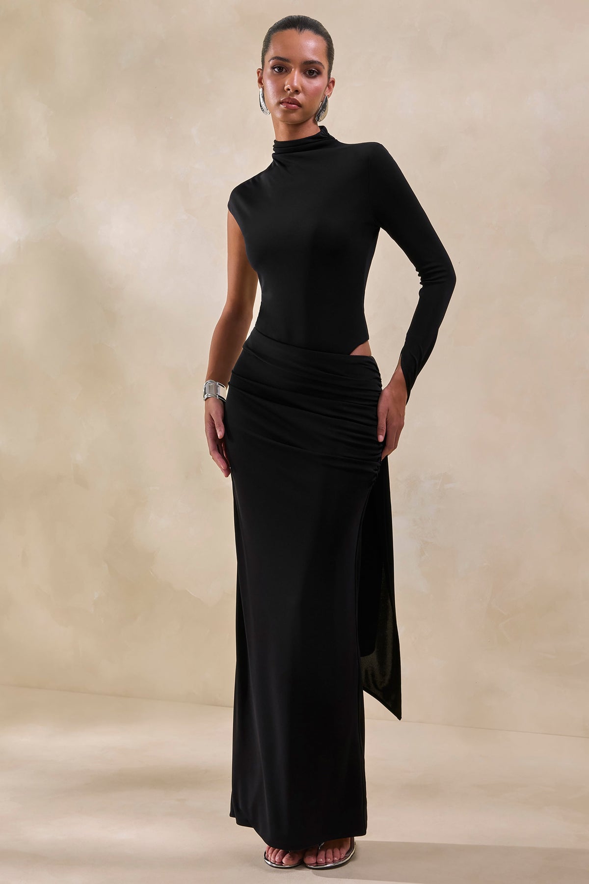Ellora | Black High-Neck One Sleeve Thong Bodysuit