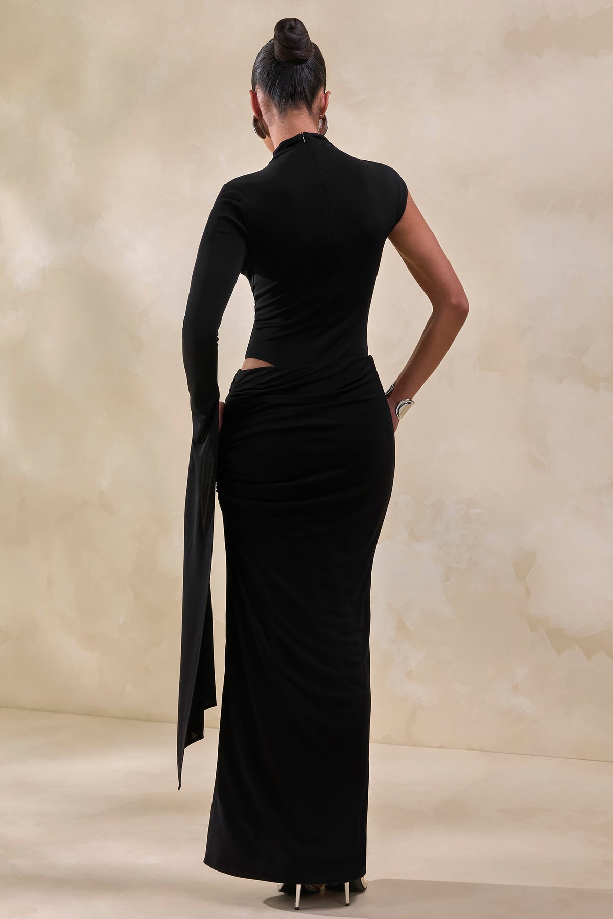 Ellora | Black High-Neck One Sleeve Thong Bodysuit