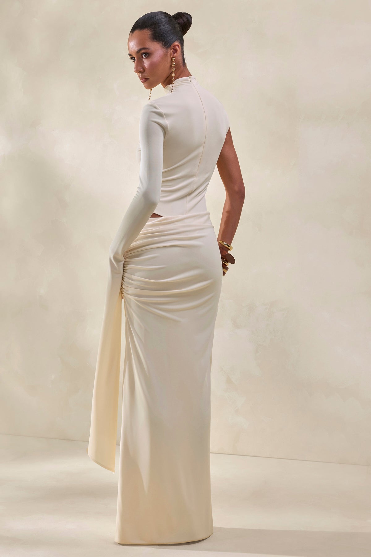 Ellora | Cream High-Neck One Sleeve Thong Bodysuit