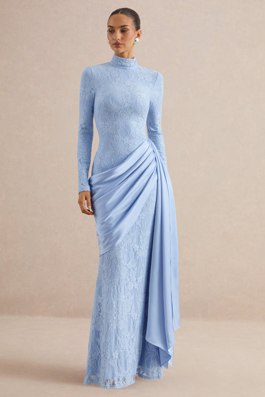 Enestra | Powder Blue Lace High Neck Long Sleeve Maxi Dress With Draped Detailing And Sash