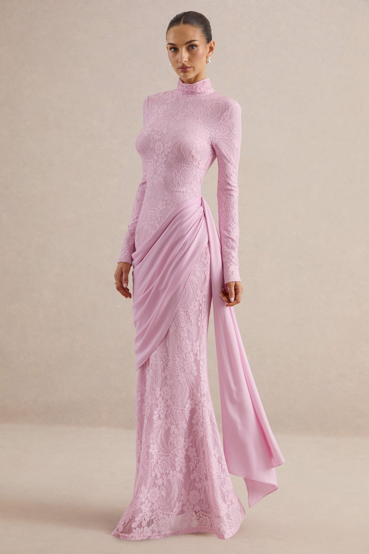 Enestra | Pink Lace High Neck Long Sleeve Maxi Dress With Draped Detailing And Sash