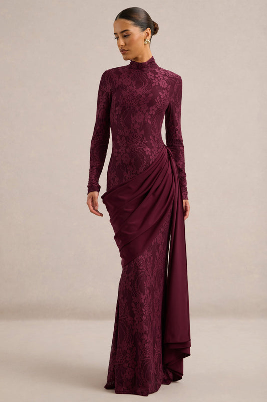 Enestra | Burgundy Lace High Neck Long Sleeve Maxi Dress With Draped Detailing And Sash