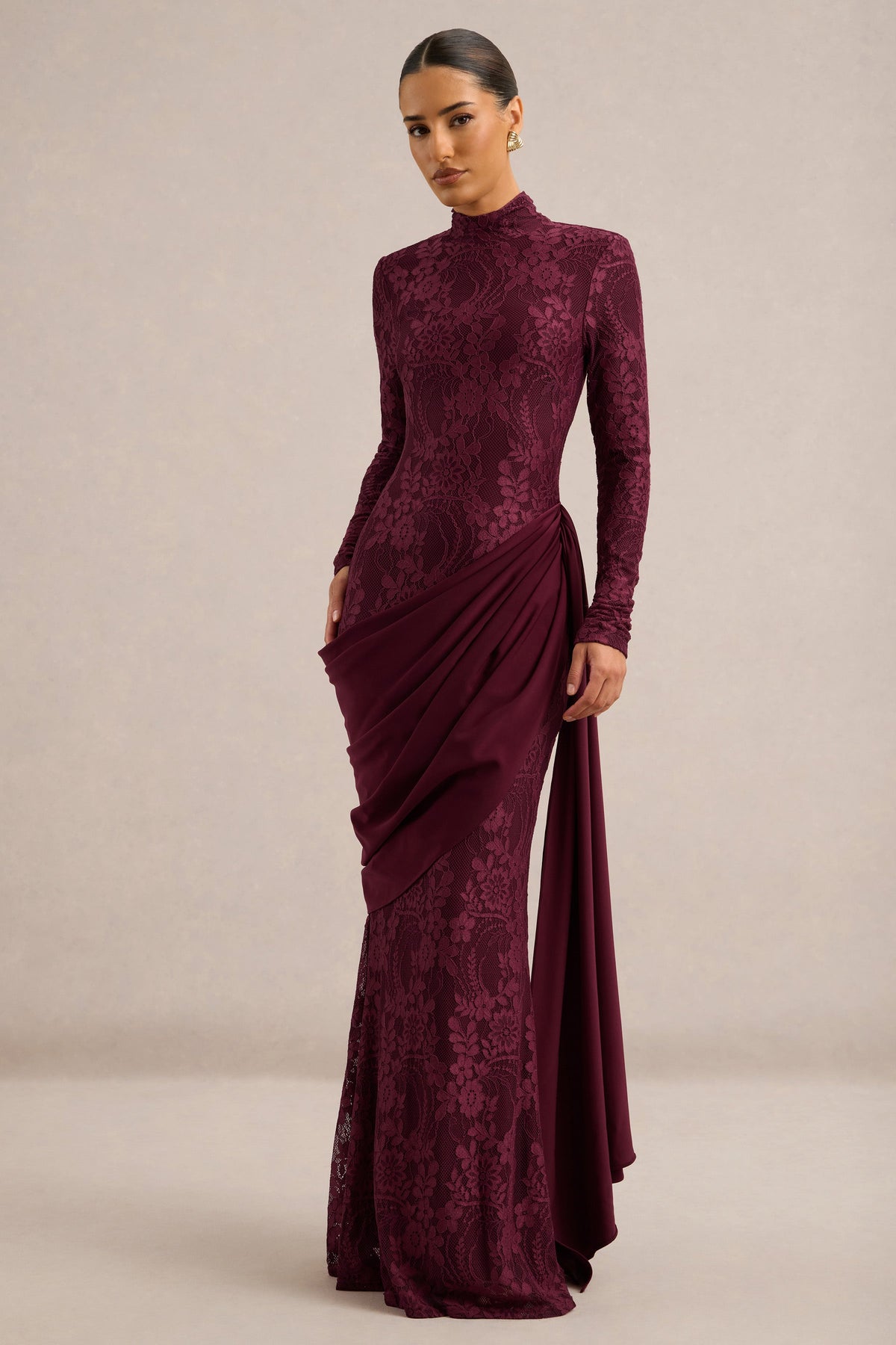 Enestra | Burgundy Lace High Neck Long Sleeve Maxi Dress With Draped Detailing And Sash
