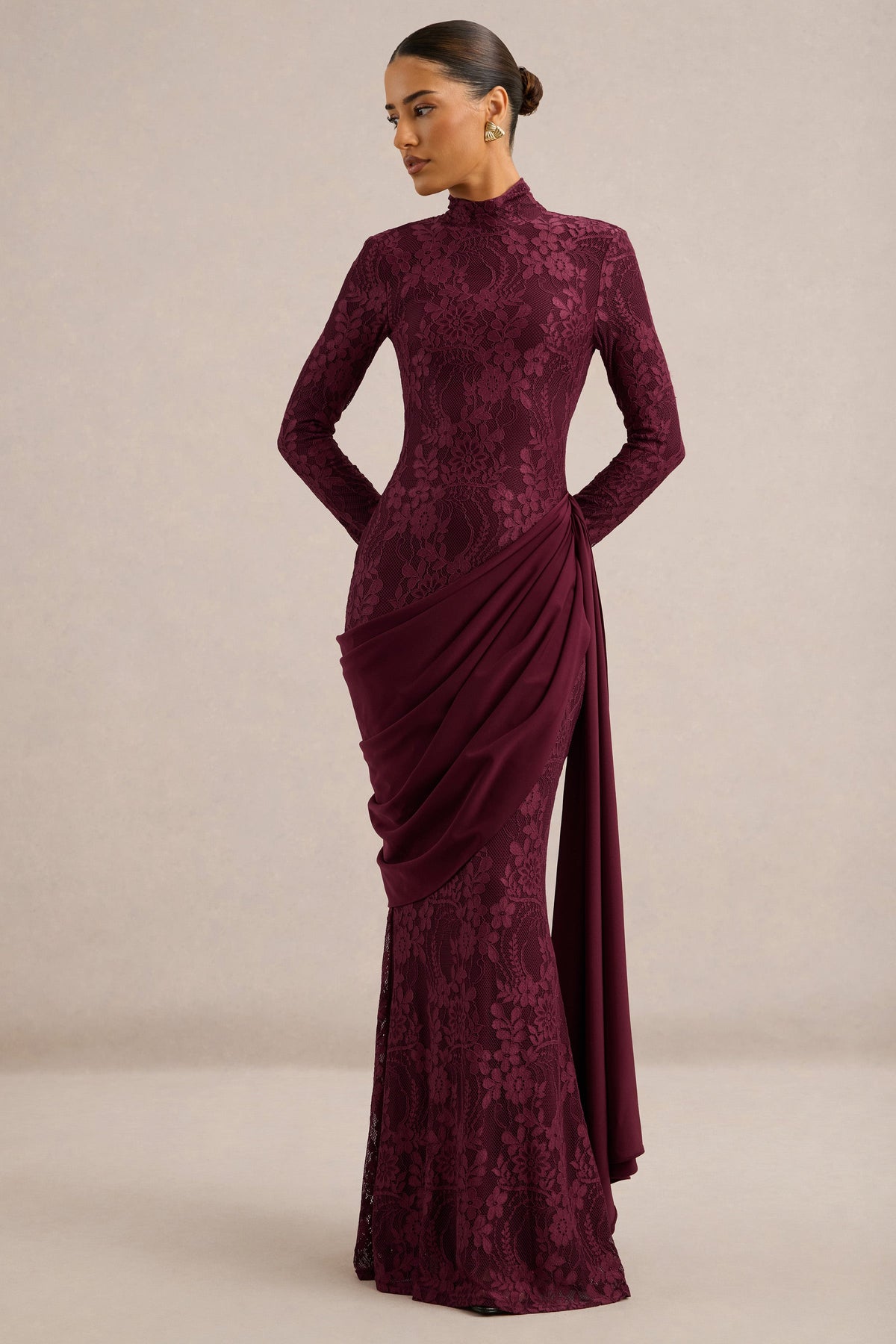 Enestra | Burgundy Lace High Neck Long Sleeve Maxi Dress With Draped Detailing And Sash