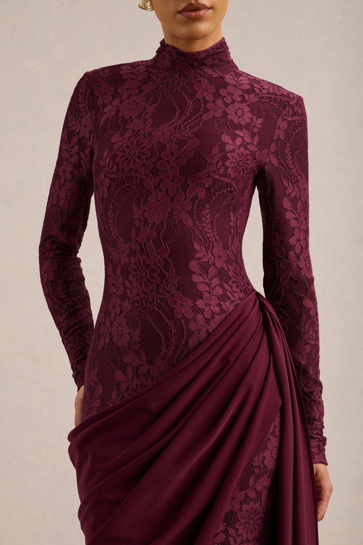 Enestra | Burgundy Lace High Neck Long Sleeve Maxi Dress With Draped Detailing And Sash