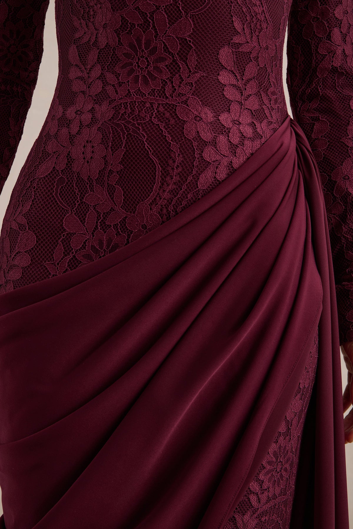 Enestra | Burgundy Lace High Neck Long Sleeve Maxi Dress With Draped Detailing And Sash