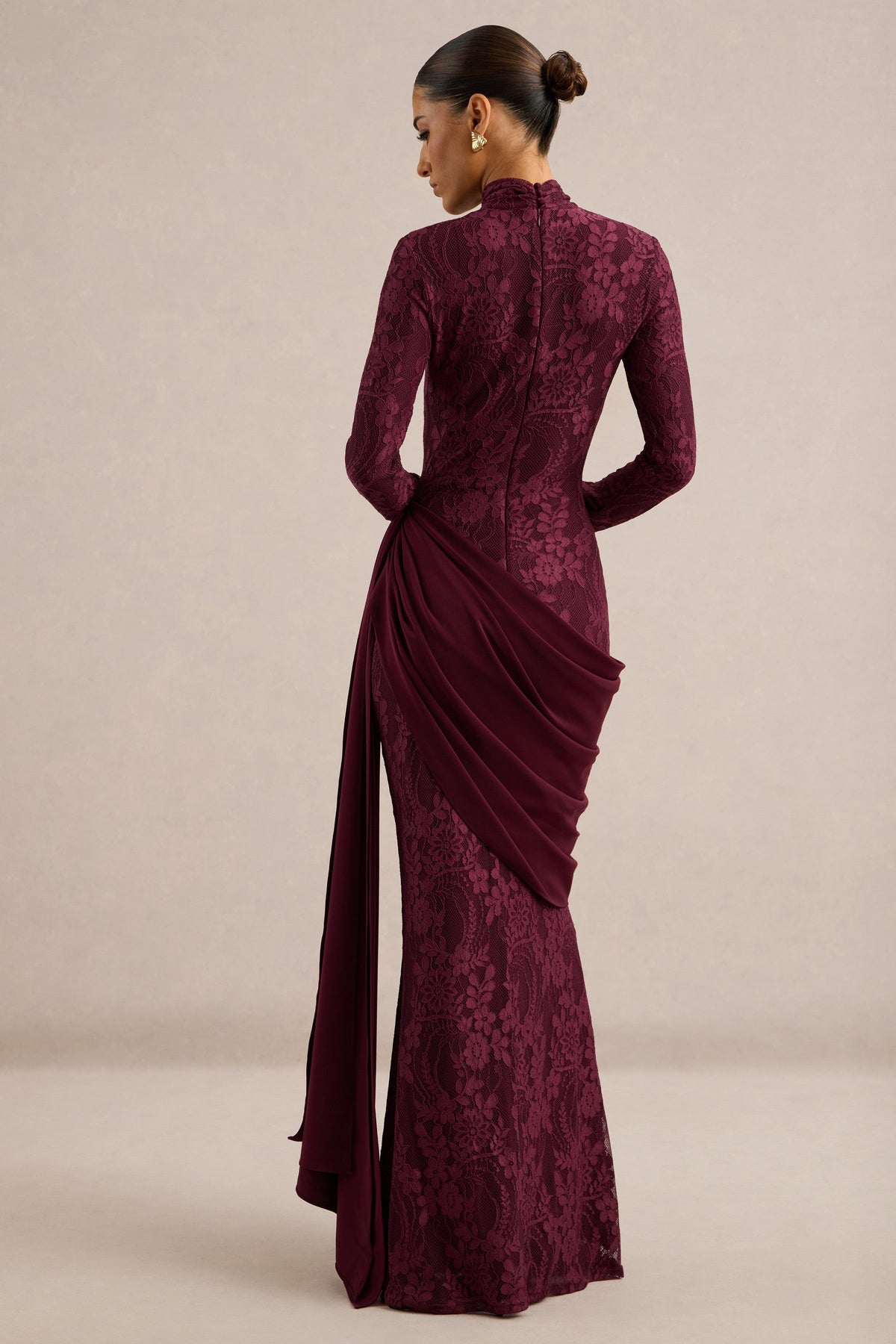 Enestra | Burgundy Lace High Neck Long Sleeve Maxi Dress With Draped Detailing And Sash