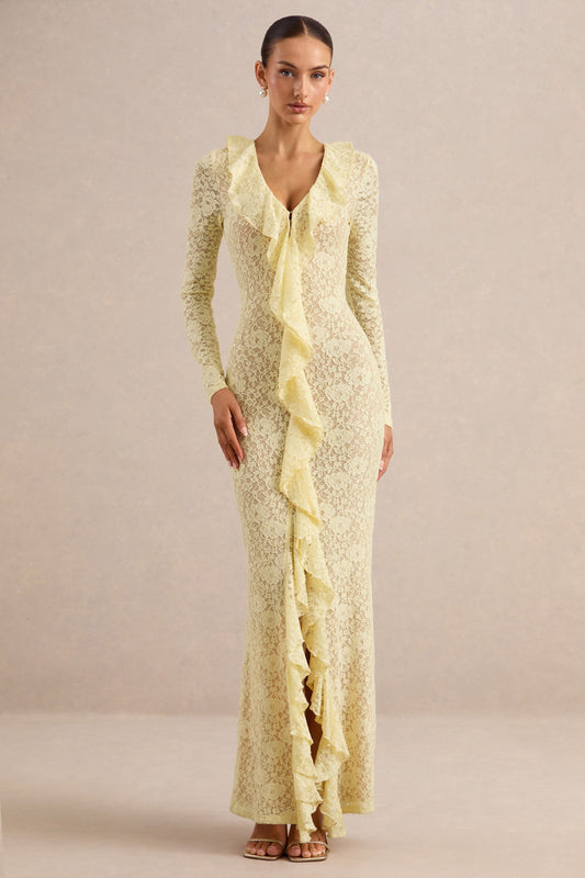 Exelia | Lemon Lace Plunge-Neck Maxi Dress With Long-Sleeves