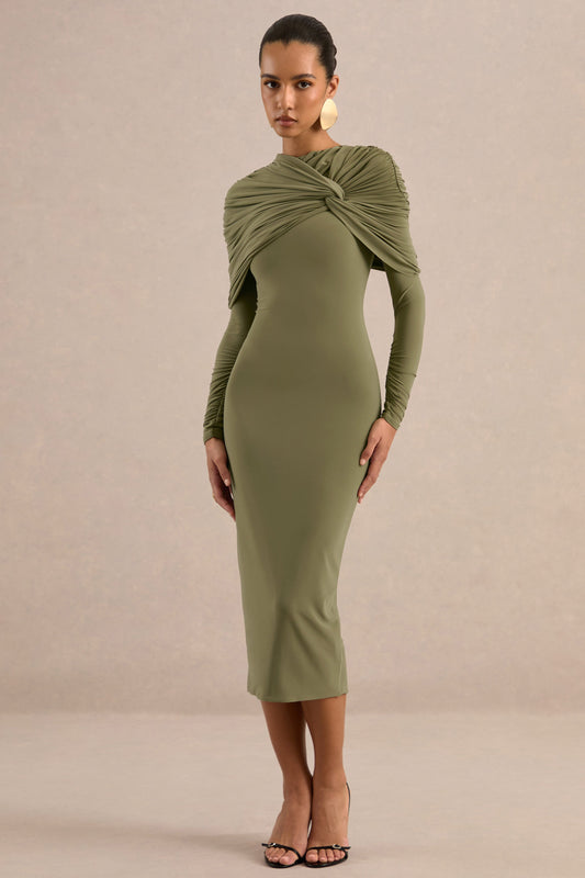 Delaria | Olive Jersey Round Neck Twisted Long Sleeve Midi Dress With Gathered Detail And Back Split