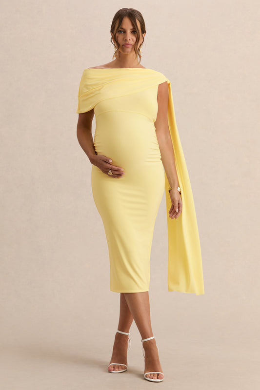 Braelyn | Lemon Asymmetric-Neck Maternity Midi Dress With Gathered Detailing And Sash