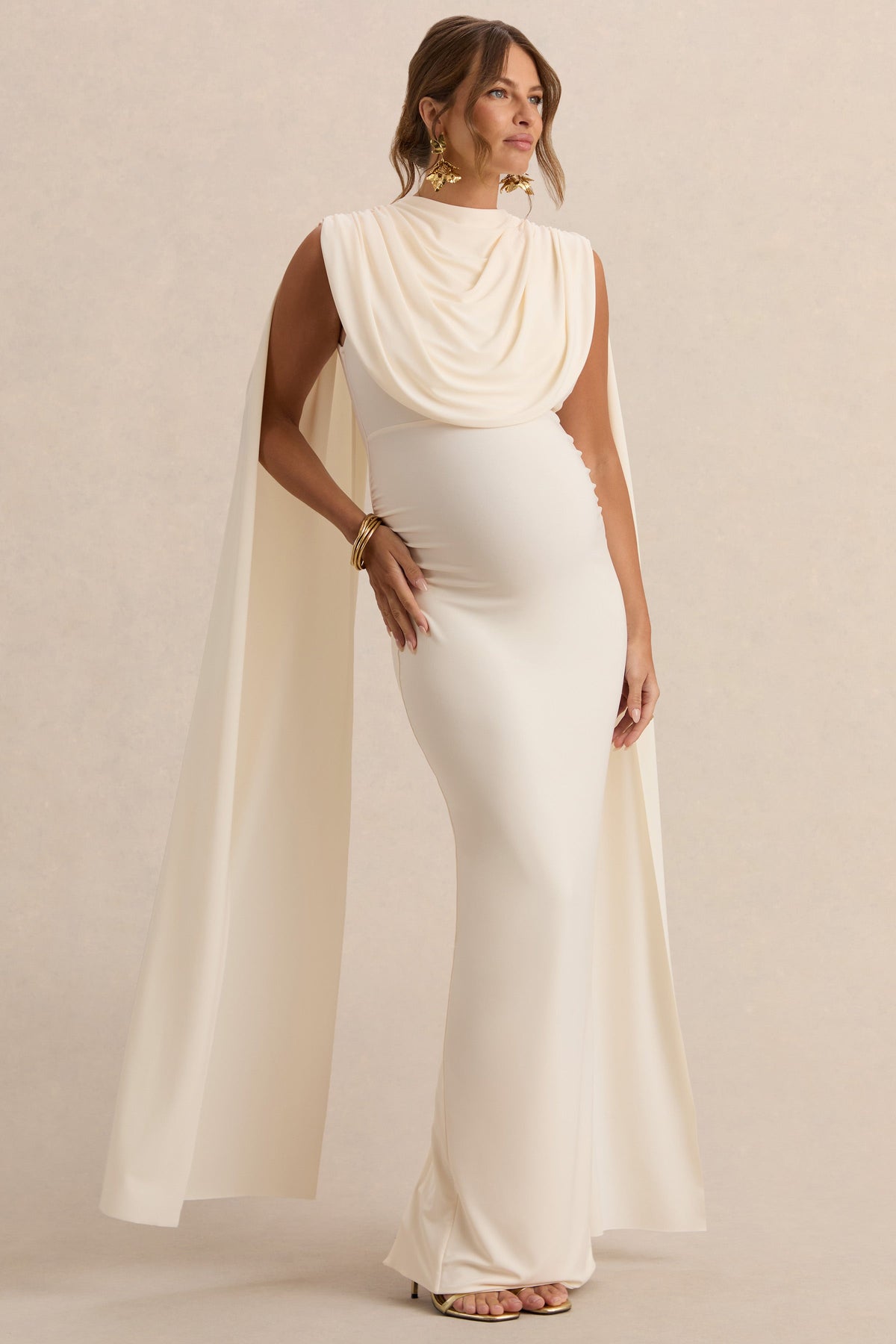 Belva | Cream High-Neck Maternity Maxi Dress With Cape Detail
